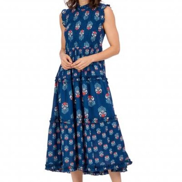Ward Smocked Block Print Midi Dress Mud Pie Size S Navy - Picture 1 of 10